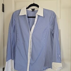 Ann Taylor Women's Blue and White Striped Button Down Shirt